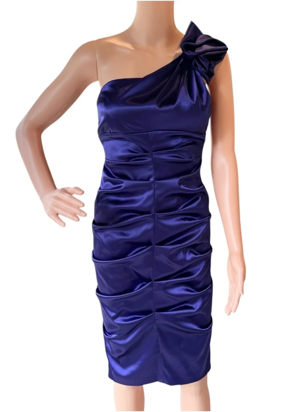 NWT Xscape Cocktail Dress Royal Blue/Purple Ruched One Shoulder Satin Mini Sz 6 - Picture 5 of 12
